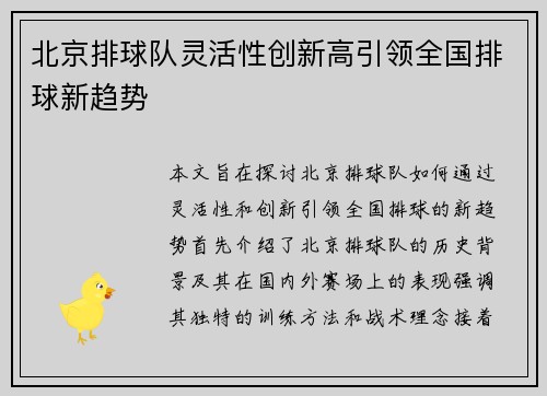 北京排球队灵活性创新高引领全国排球新趋势